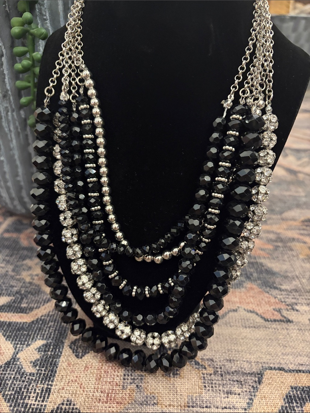 Charming Charlie Black and Silver Layered Bead Necklace